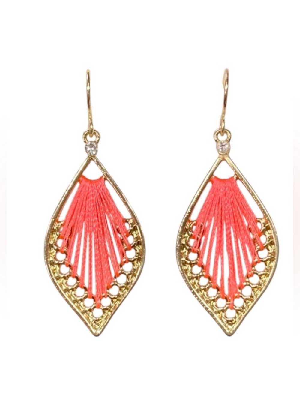 Hot Pink Teardrop Crystal Gold Toned Dangle Earrings